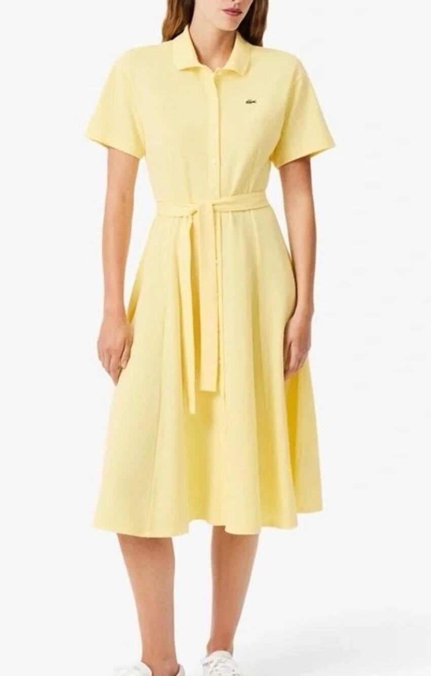 Lacoste Womens Flared Pique Polo Midi Dress Size 8 Butter Yellow Preppy Golf